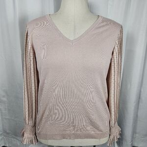 Adrianna Papell Dusty Pink V-Neck Sweater with Sheer Dot Sleeves Medium